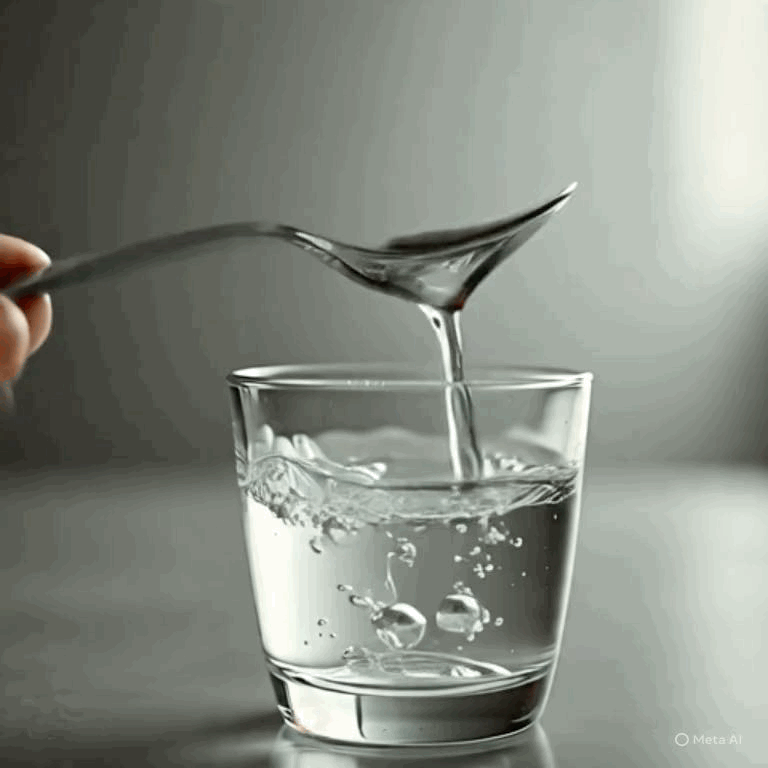 A hand holding a spoon with liquid pouring into a glass filled with water, creating splashes.